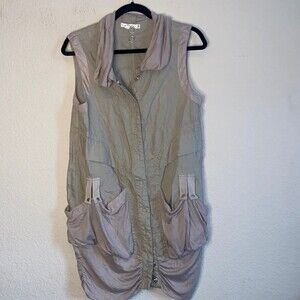women 100% linen tank long snap front dress swoop M grunge moto cottage lagen